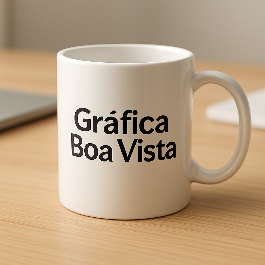 Caneca de porcelana branca personalizada em ambiente de gráfica em Curitiba