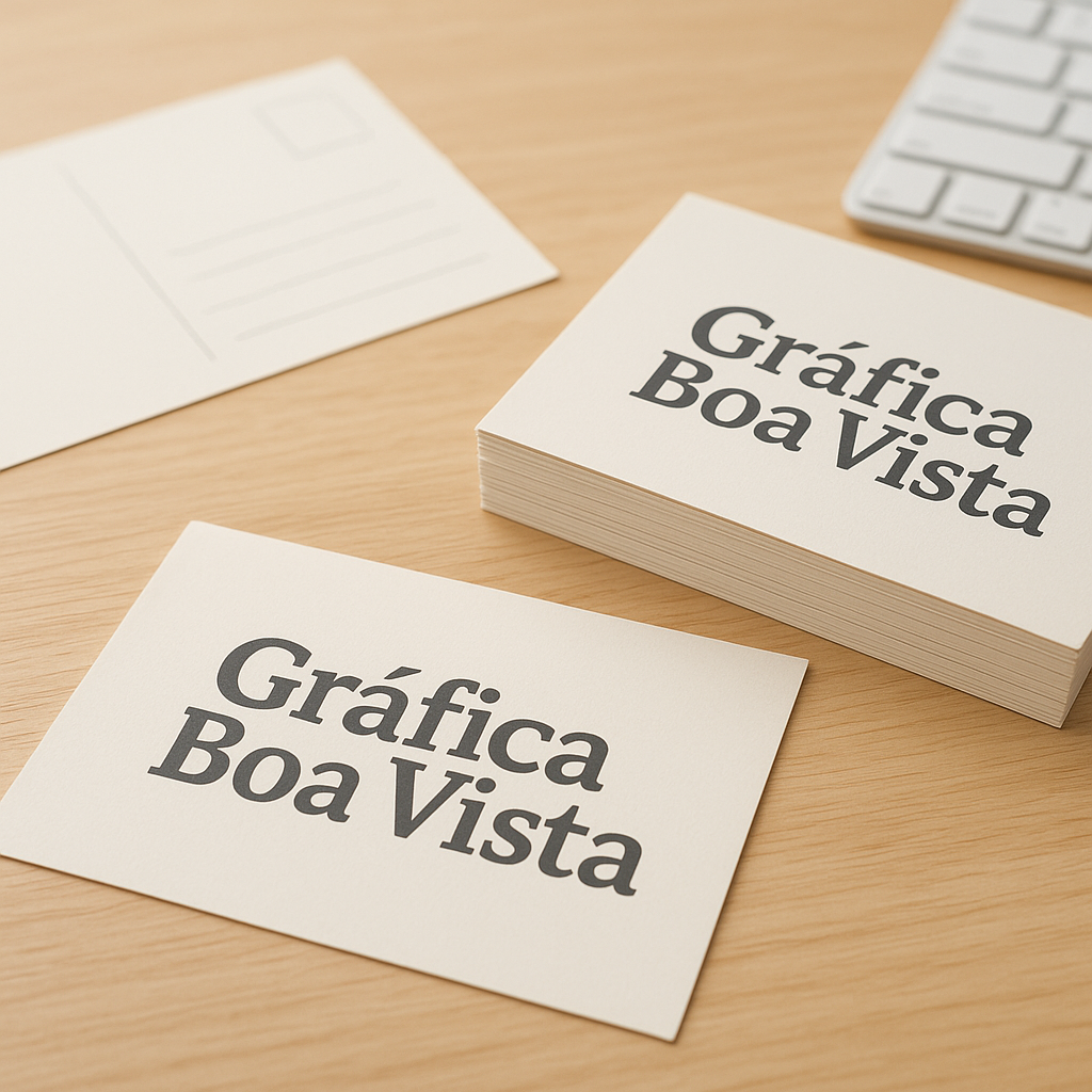 Cartões postais impressos sobre uma mesa em uma gráfica de Curitiba, com acabamento profissional