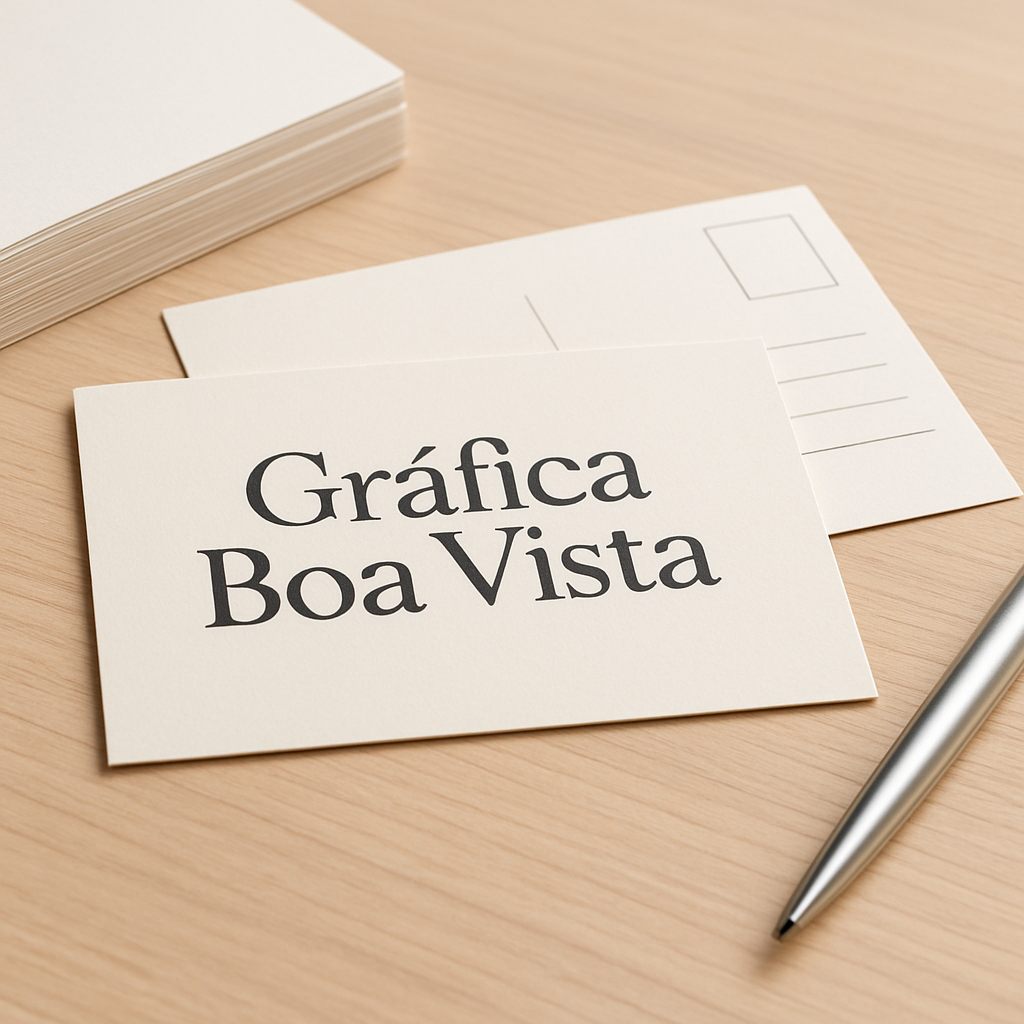 Cartões postais impressos sobre uma mesa em uma gráfica de Curitiba, com acabamento profissional