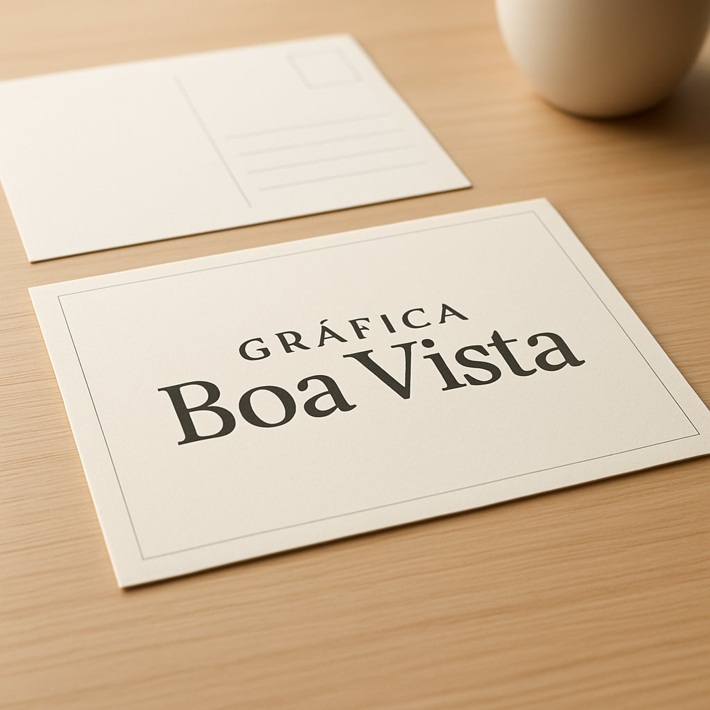 Cartões postais impressos sobre uma mesa em uma gráfica de Curitiba, com acabamento profissional