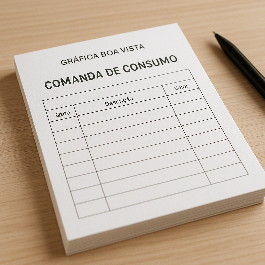 Comandas de consumo impressas em uma gráfica profissional em Curitiba, com ambiente limpo e produção comercial.