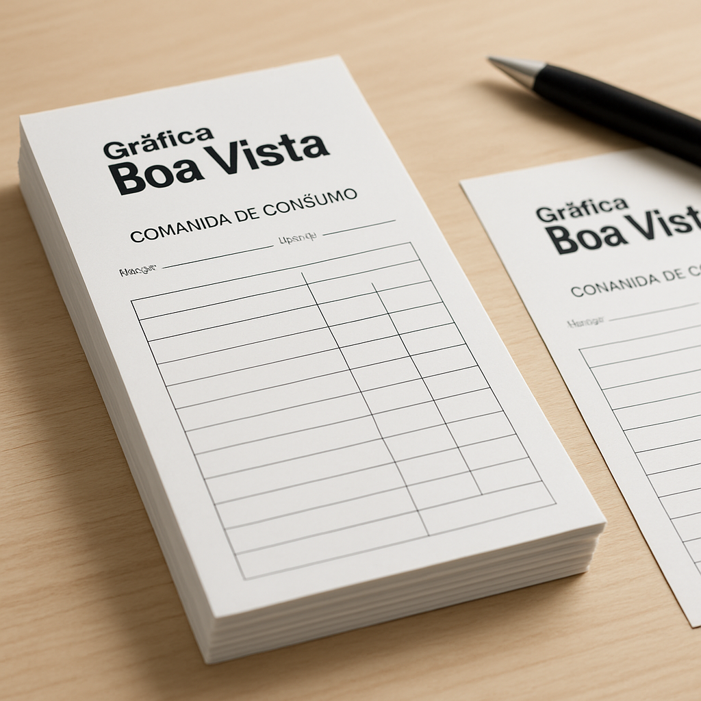 Comandas de consumo impressas em uma gráfica profissional em Curitiba, com ambiente limpo e produção comercial.