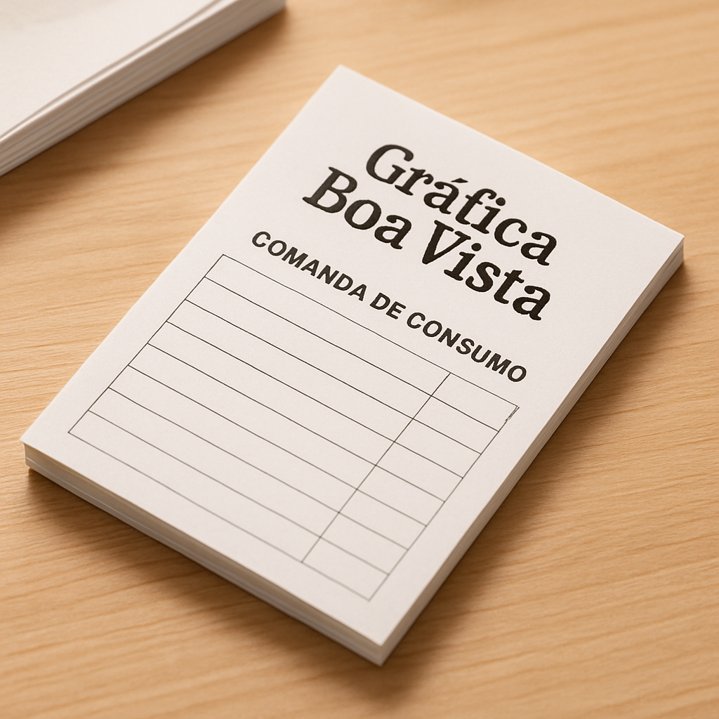 Comandas de consumo impressas em uma gráfica profissional em Curitiba, com ambiente limpo e produção comercial.