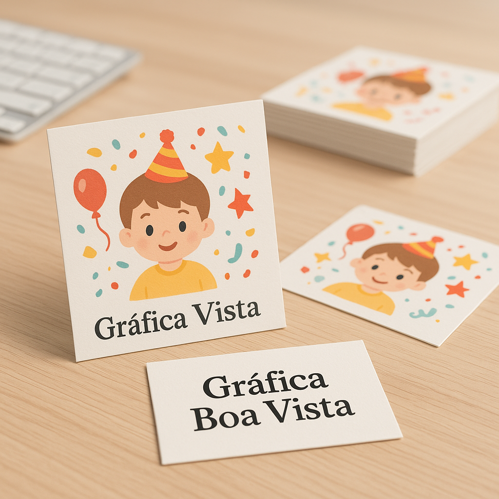 Convite infantil colorido em mesa de estúdio, com decoração de festa ao fundo