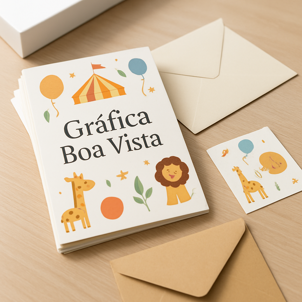Convite infantil colorido em mesa de estúdio, com decoração de festa ao fundo