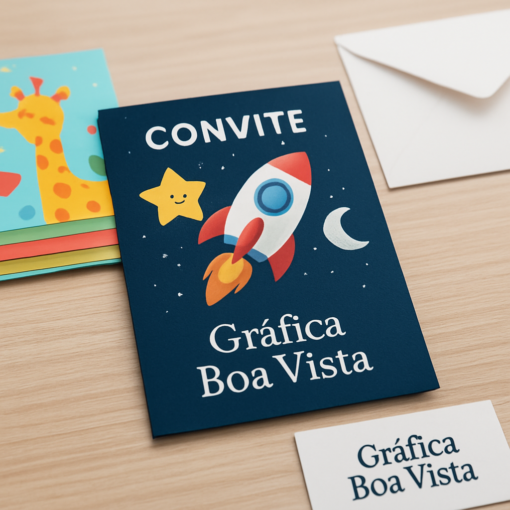 Convite infantil colorido em mesa de estúdio, com decoração de festa ao fundo