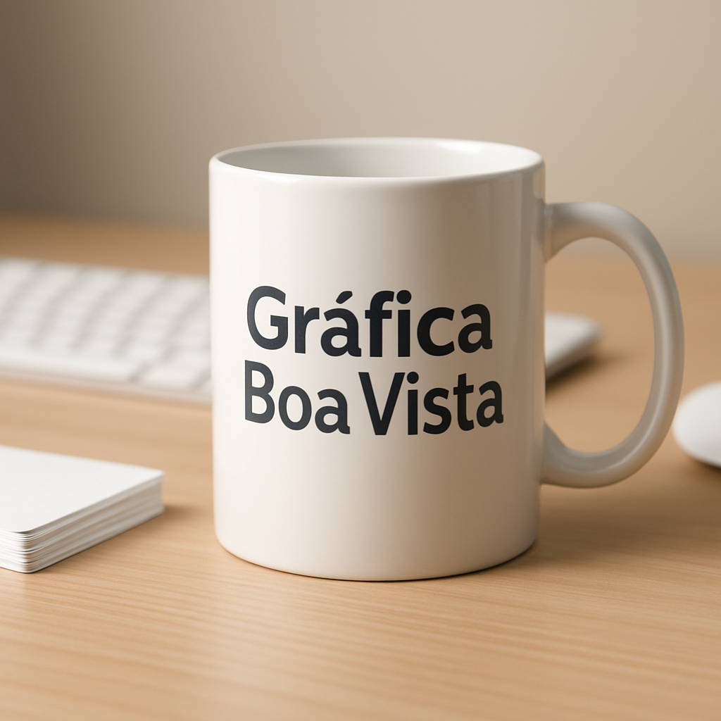 Copo personalizado em produção em uma gráfica de Curitiba, com amostras e layout em análise