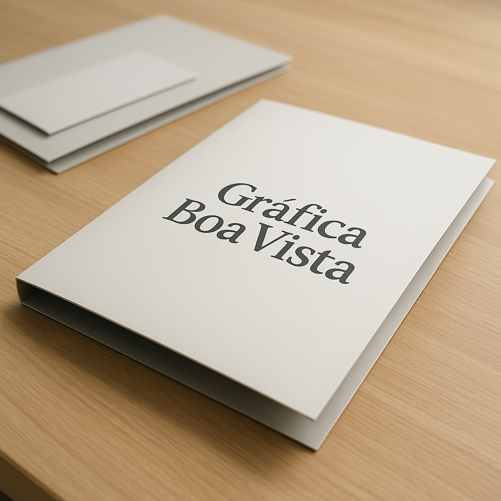 Folder com dobras sobre uma bancada de gráfica, com revisão de layout em ambiente profissional