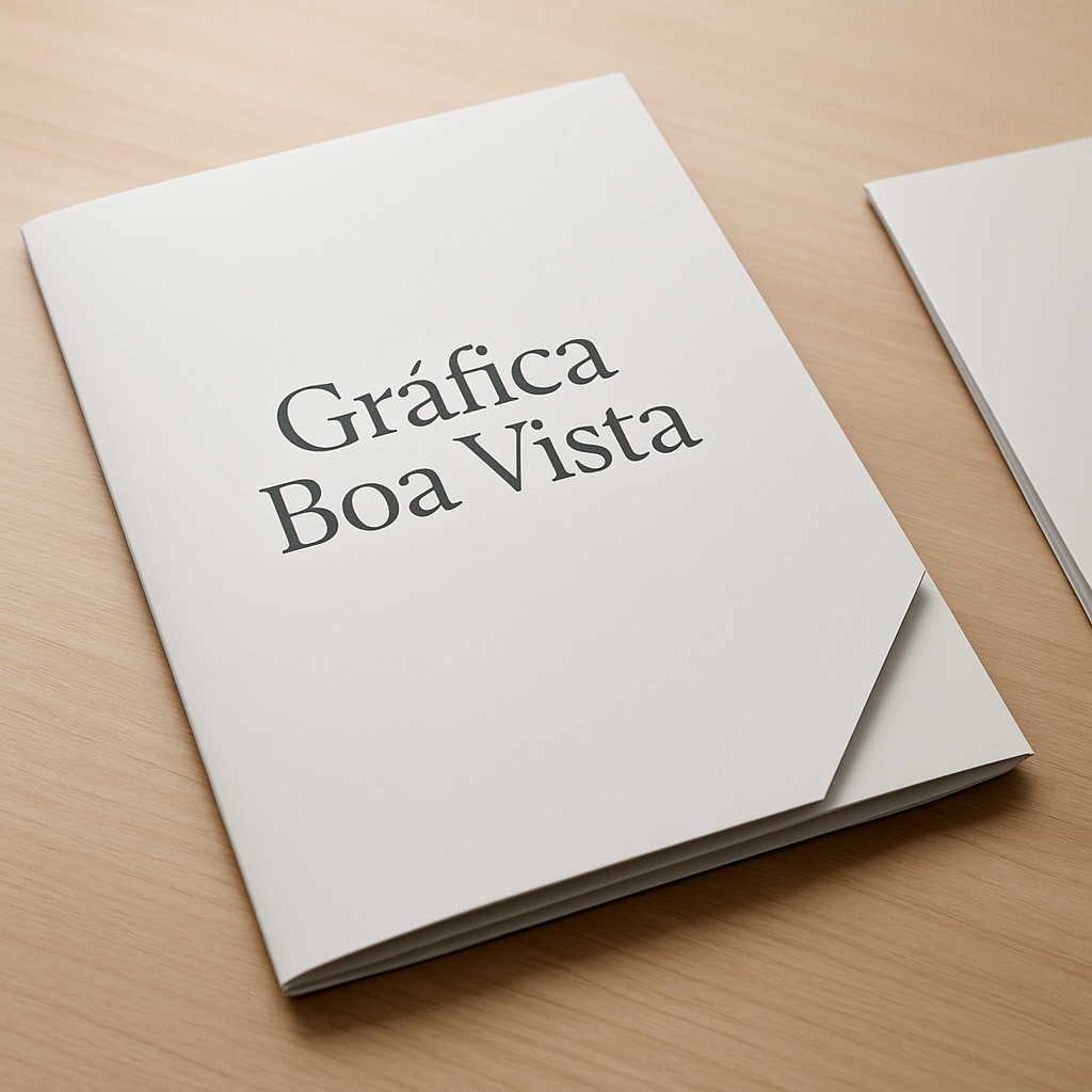 Folder com dobras sobre uma bancada de gráfica, com revisão de layout em ambiente profissional
