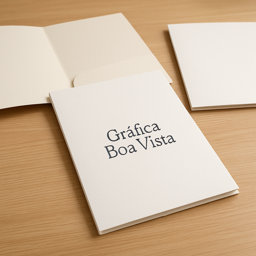 Folder com dobras sobre uma bancada de gráfica, com revisão de layout em ambiente profissional