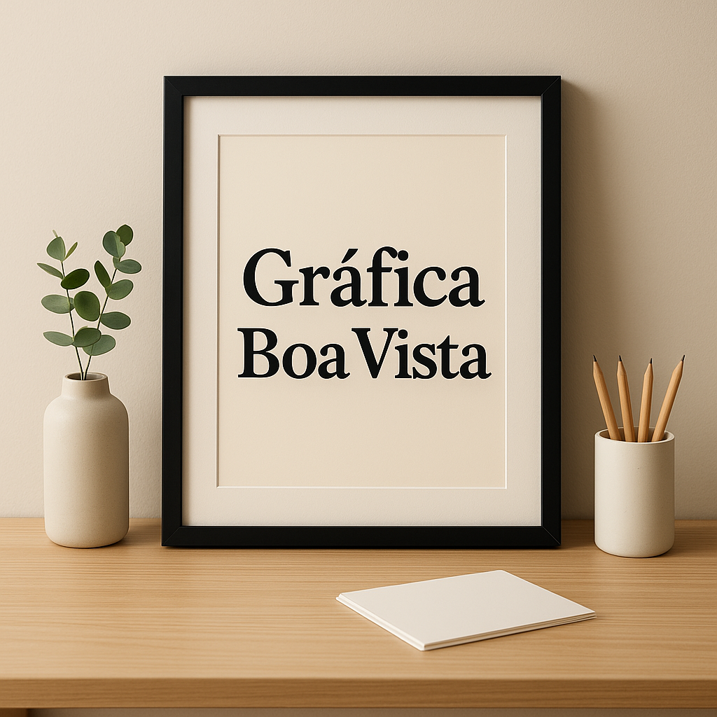 Pôster decorativo em ambiente moderno, mostrando aplicação em parede com visual limpo e profissional