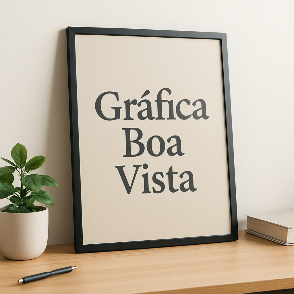 Pôster decorativo em ambiente moderno, mostrando aplicação em parede com visual limpo e profissional