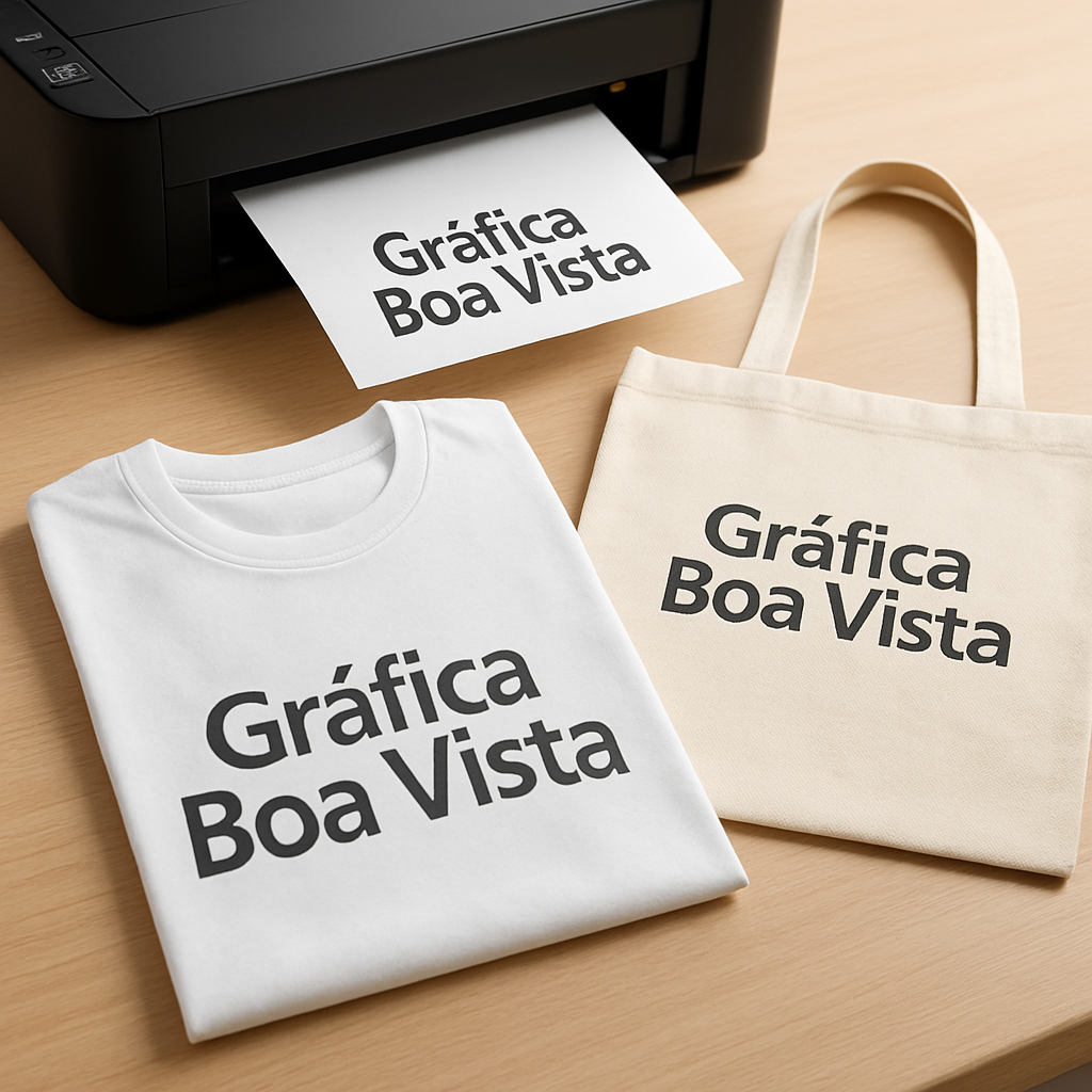 Ambiente de produção de DTF Têxtil com impressões coloridas em uma gráfica em Curitiba