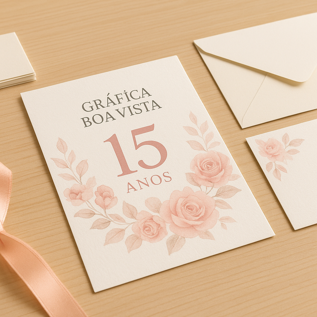 Convites de 15 anos elegantes sobre uma mesa, com acabamento premium e visual sofisticado.