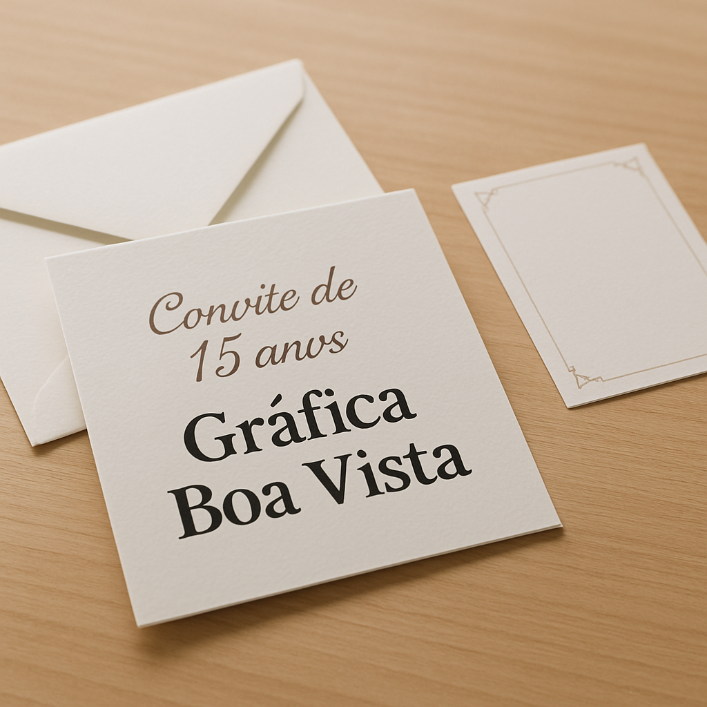 Convites de 15 anos elegantes sobre uma mesa, com acabamento premium e visual sofisticado.