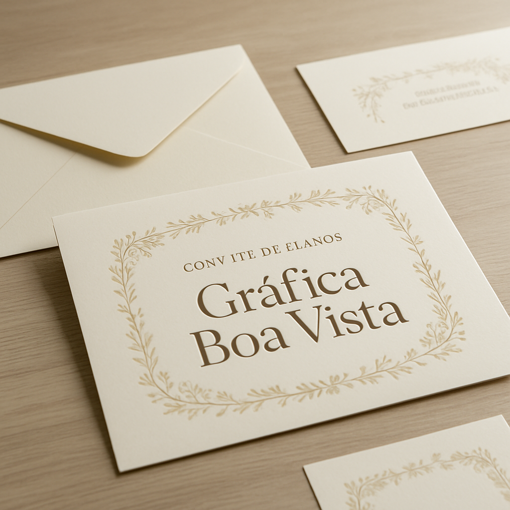 Convites de 15 anos elegantes sobre uma mesa, com acabamento premium e visual sofisticado.