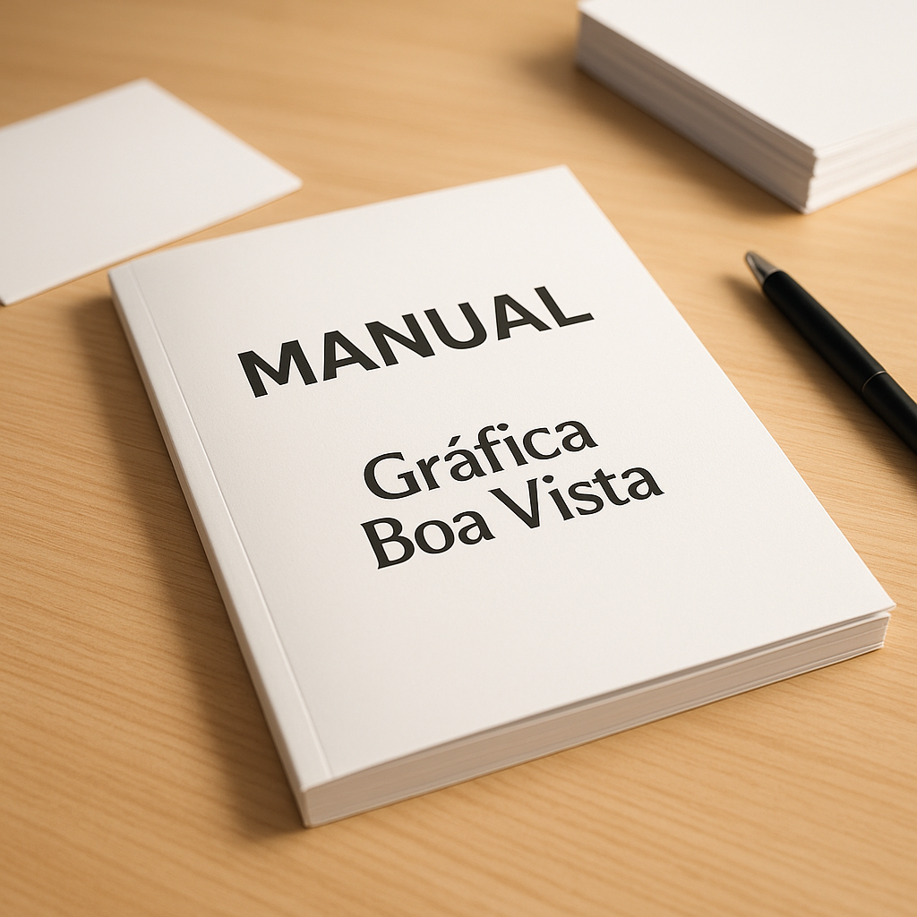 Stack de manuais impressos em uma gráfica profissional em Curitiba, sobre mesa limpa, com aparência realista e papel bem acabado