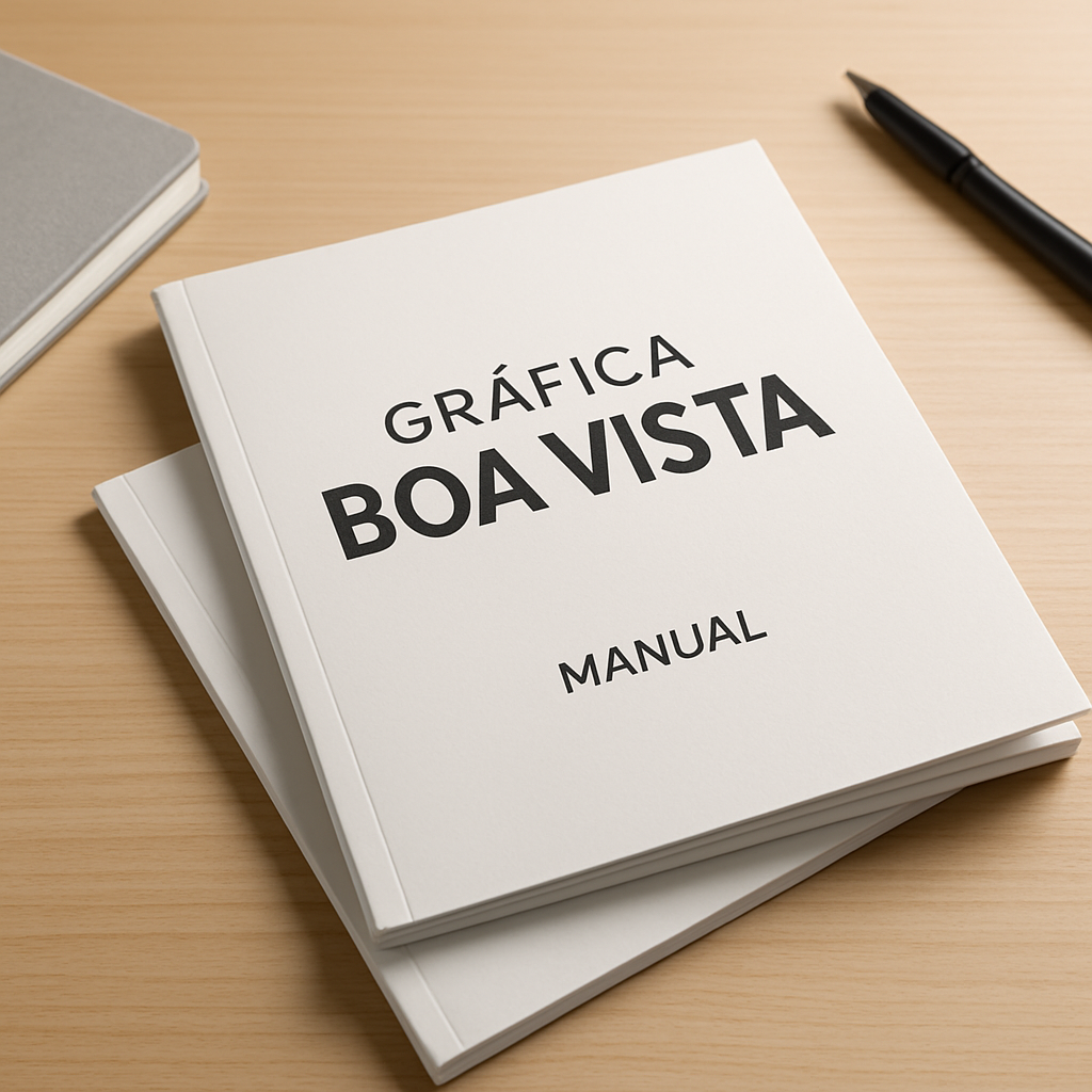Stack de manuais impressos em uma gráfica profissional em Curitiba, sobre mesa limpa, com aparência realista e papel bem acabado