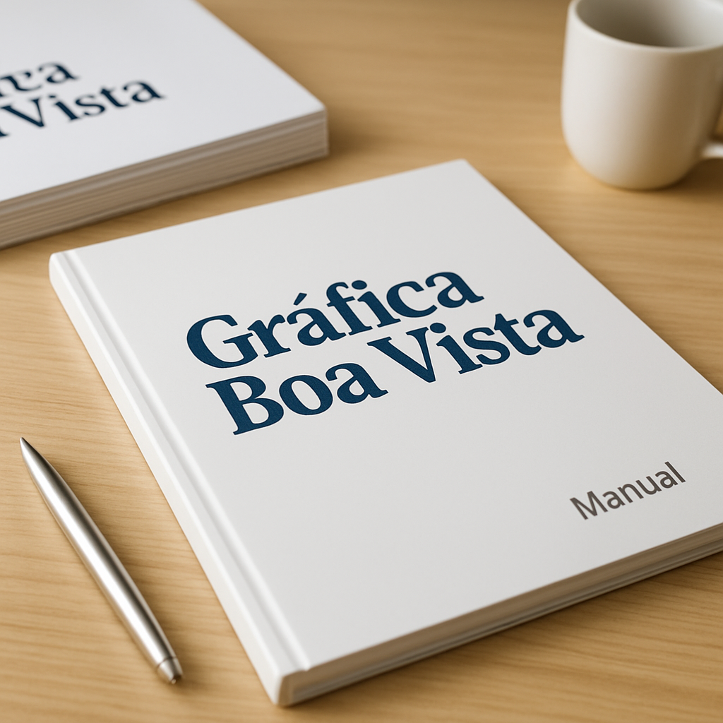 Stack de manuais impressos em uma gráfica profissional em Curitiba, sobre mesa limpa, com aparência realista e papel bem acabado