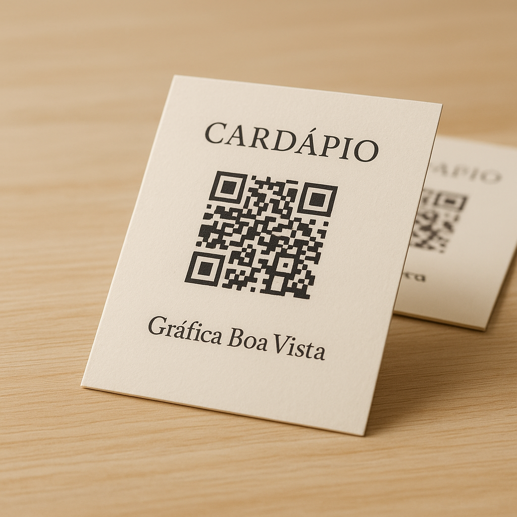 Cardápio com QR Code impresso sobre mesa de restaurante, com visual limpo e profissional