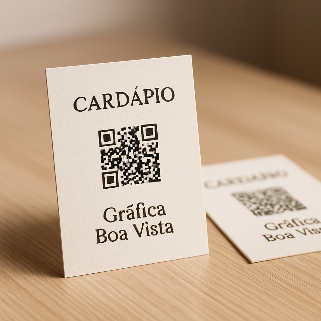 Cardápio com QR Code impresso sobre mesa de restaurante, com visual limpo e profissional