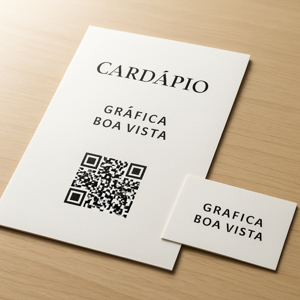 Cardápio com QR Code impresso sobre mesa de restaurante, com visual limpo e profissional