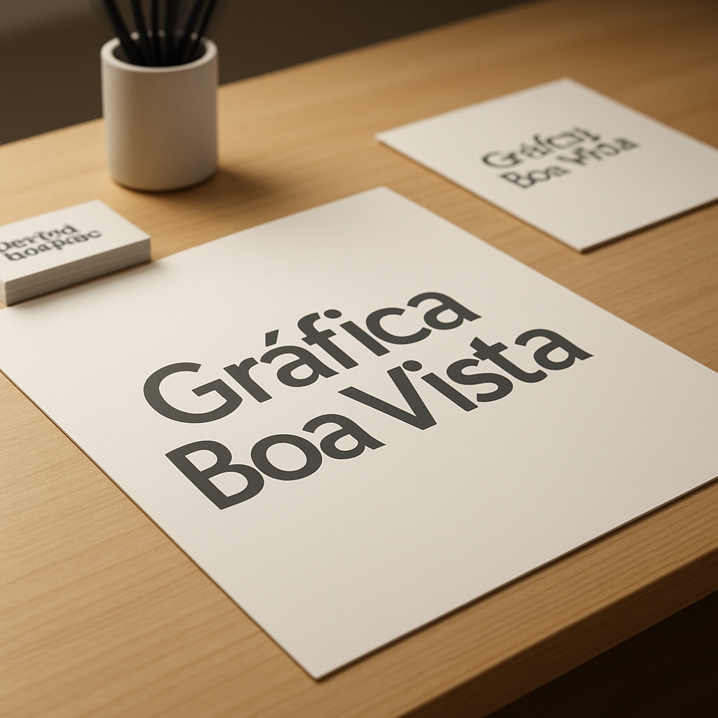 Cartaz promocional sendo produzido em uma gráfica em Curitiba, com ambiente profissional e materiais impressos ao fundo