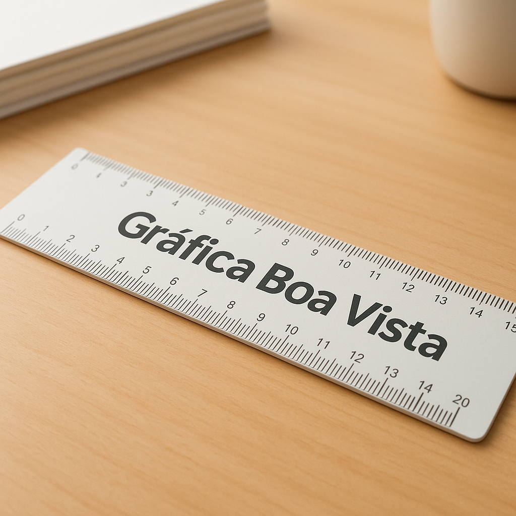 Réguas escolares personalizadas organizadas em uma mesa de gráfica profissional