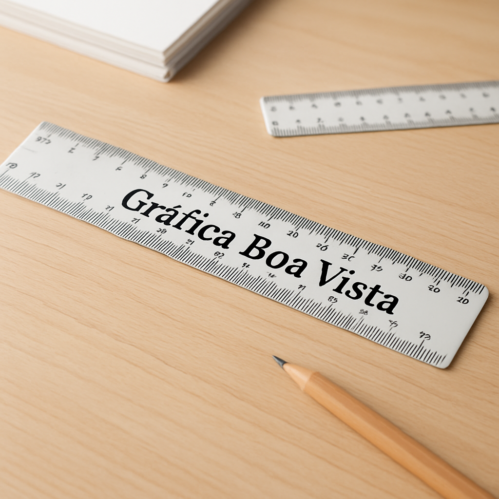 Réguas escolares personalizadas organizadas em uma mesa de gráfica profissional