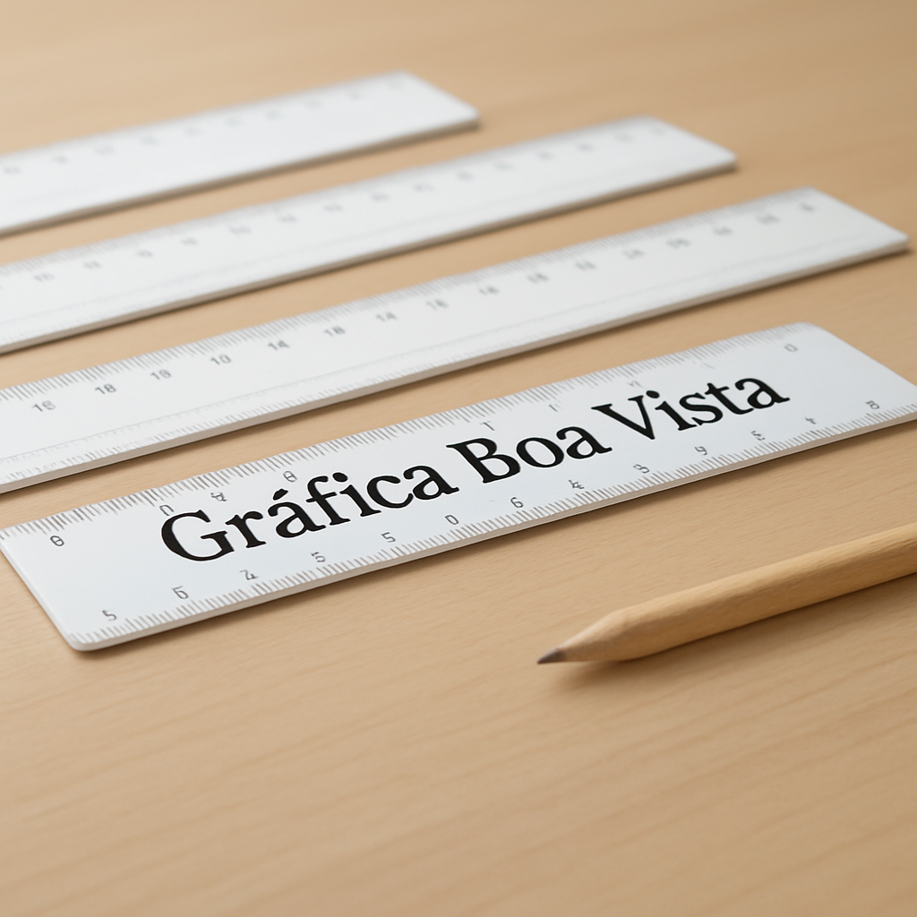 Réguas escolares personalizadas organizadas em uma mesa de gráfica profissional