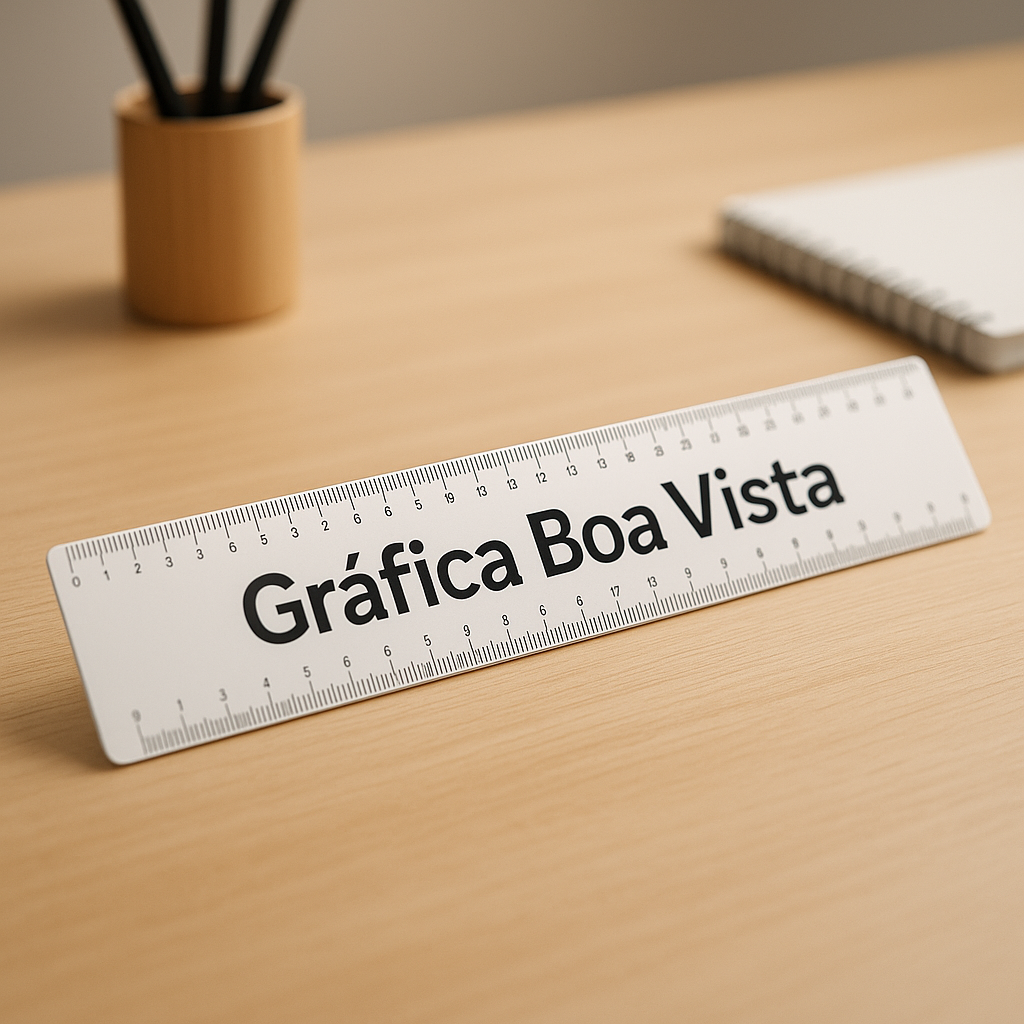 Régua personalizada impressa e organizada sobre a mesa de uma gráfica em Curitiba