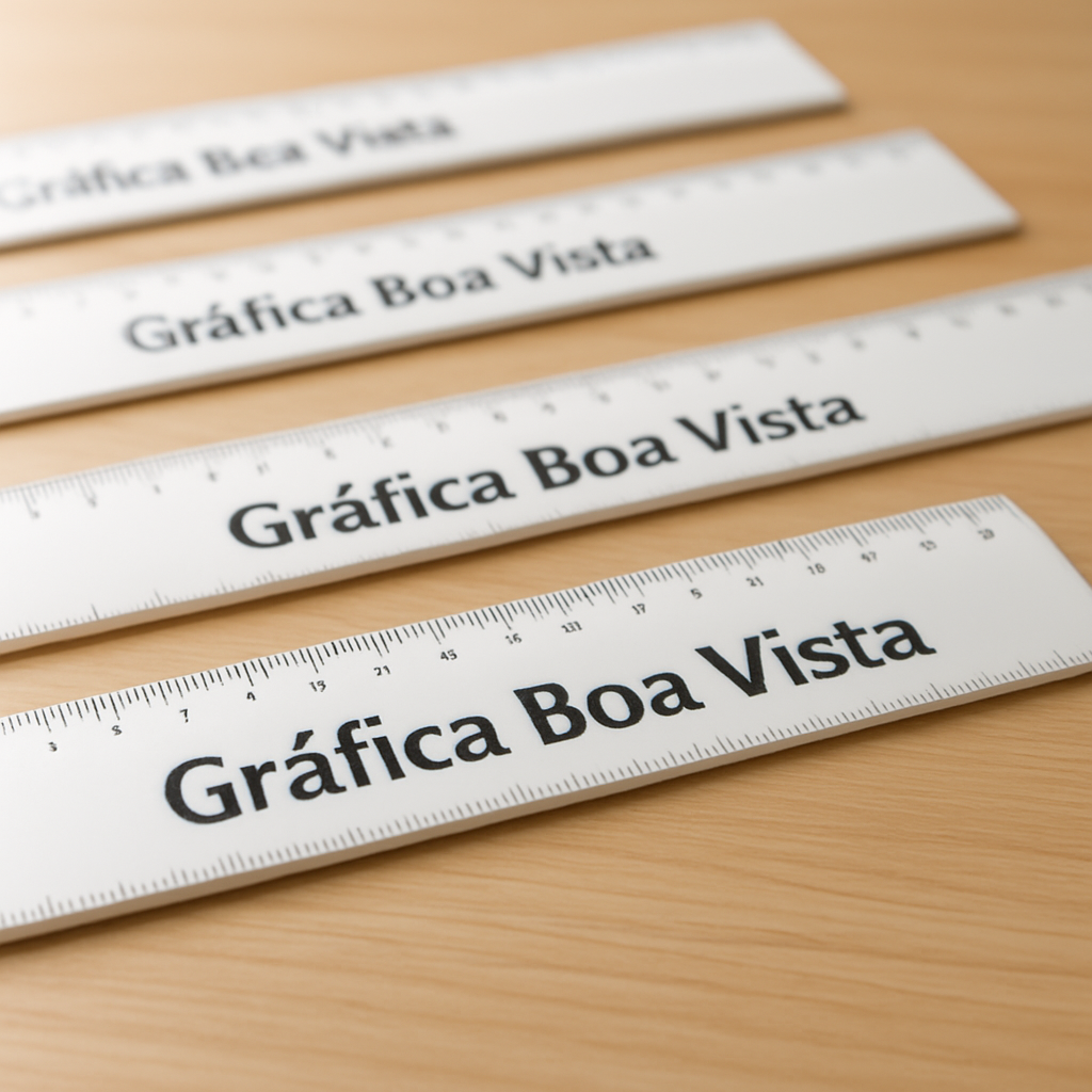 Régua personalizada impressa e organizada sobre a mesa de uma gráfica em Curitiba