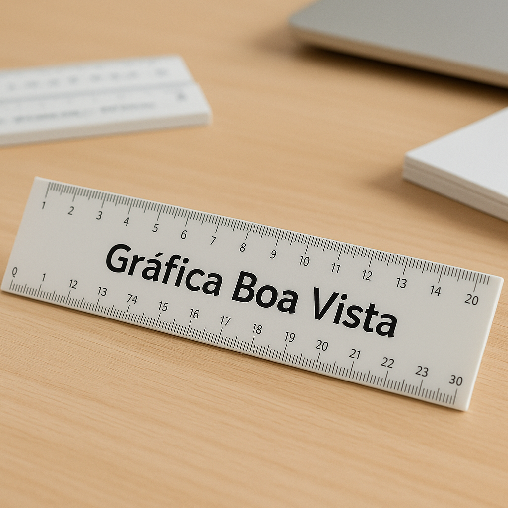 Régua personalizada sobre mesa de escritório com materiais de papelaria ao redor