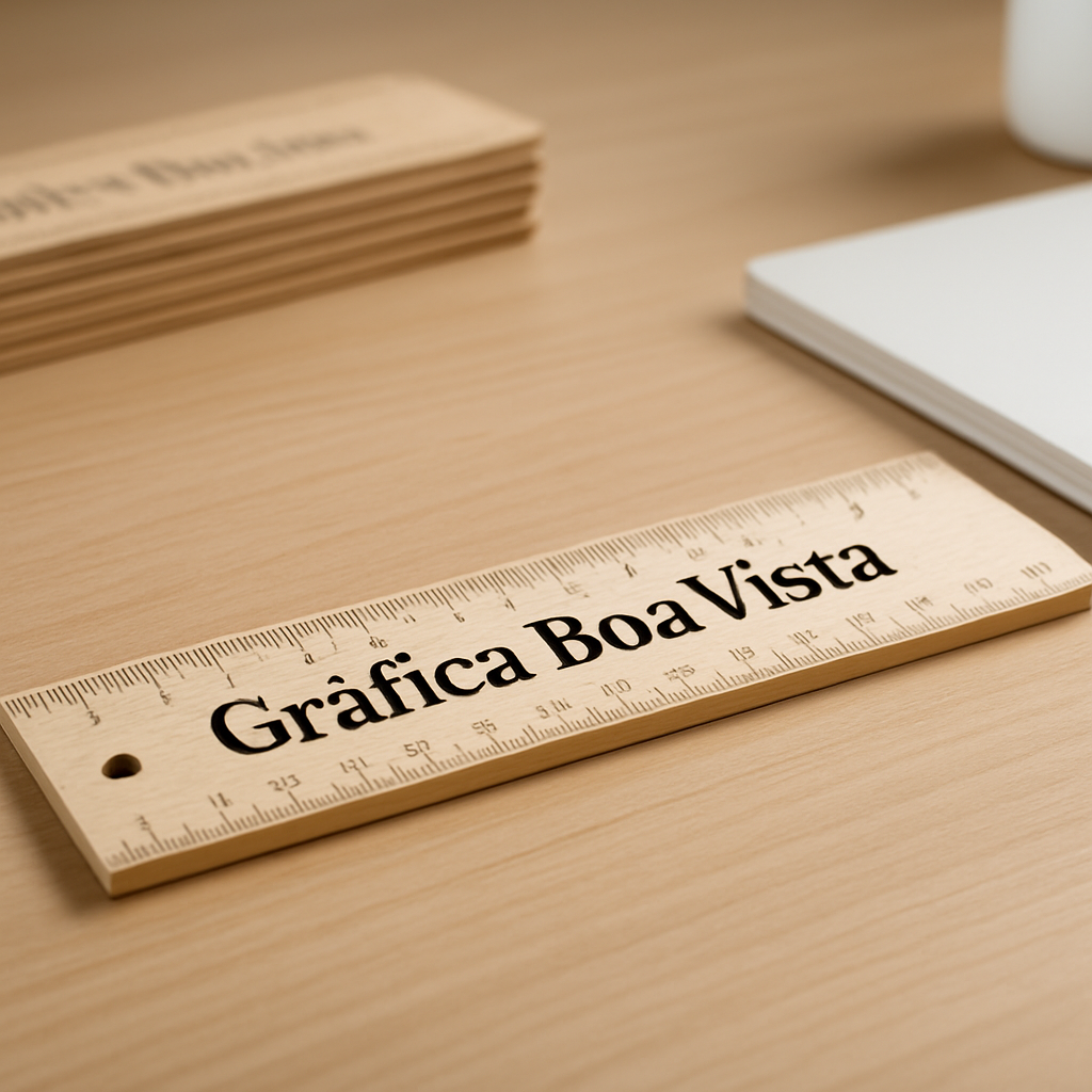Régua personalizada sobre mesa de escritório com materiais de papelaria ao redor