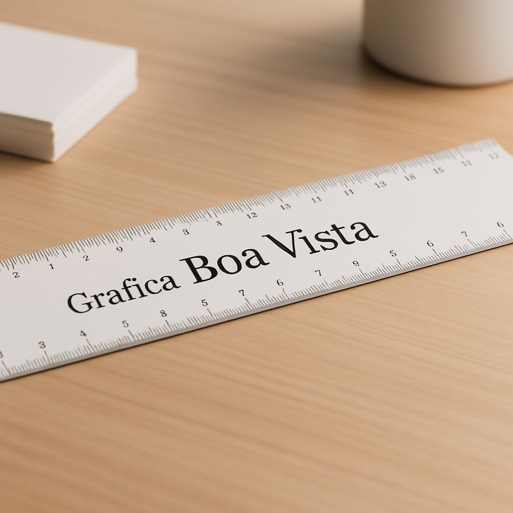 Régua personalizada sobre mesa de escritório com materiais de papelaria ao redor