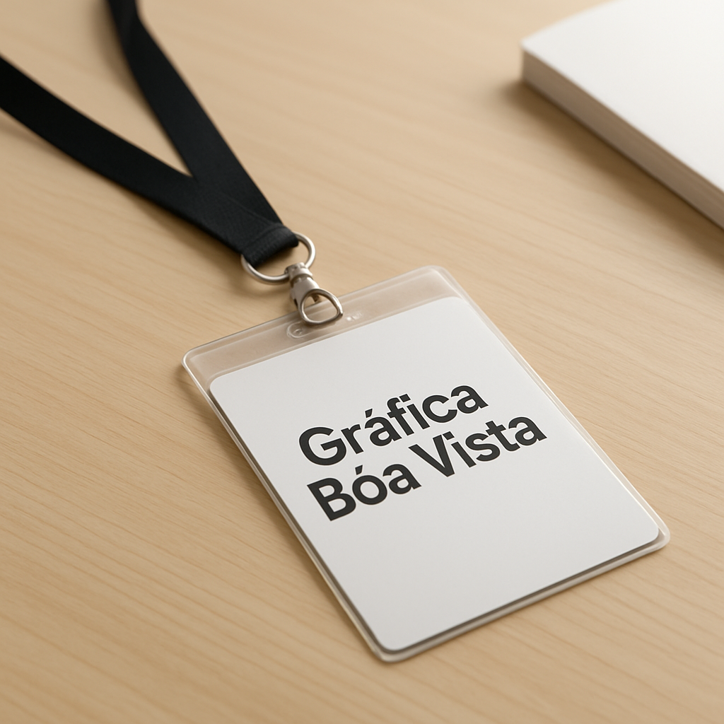 Credenciais para evento sobre uma mesa em ambiente de clínica, com visual profissional e moderno