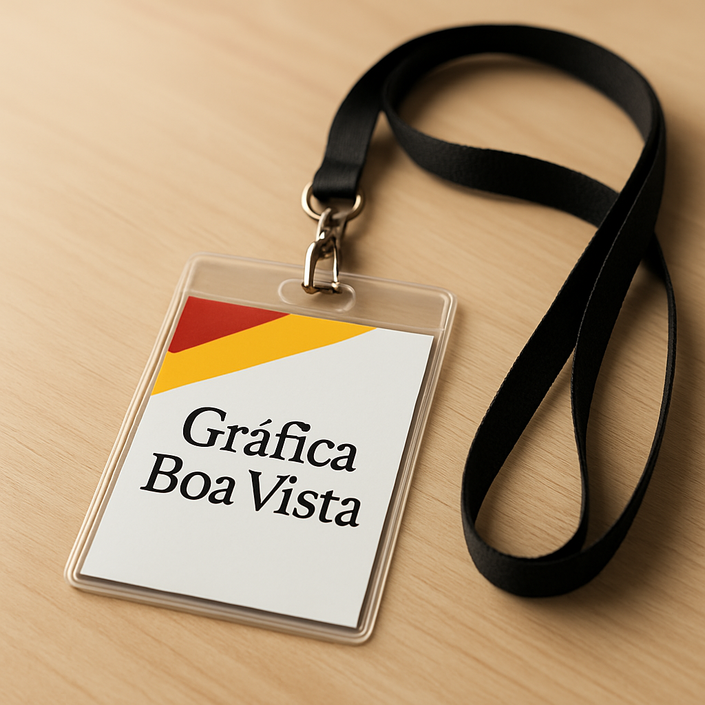 Credenciais para evento sobre uma mesa em ambiente de clínica, com visual profissional e moderno