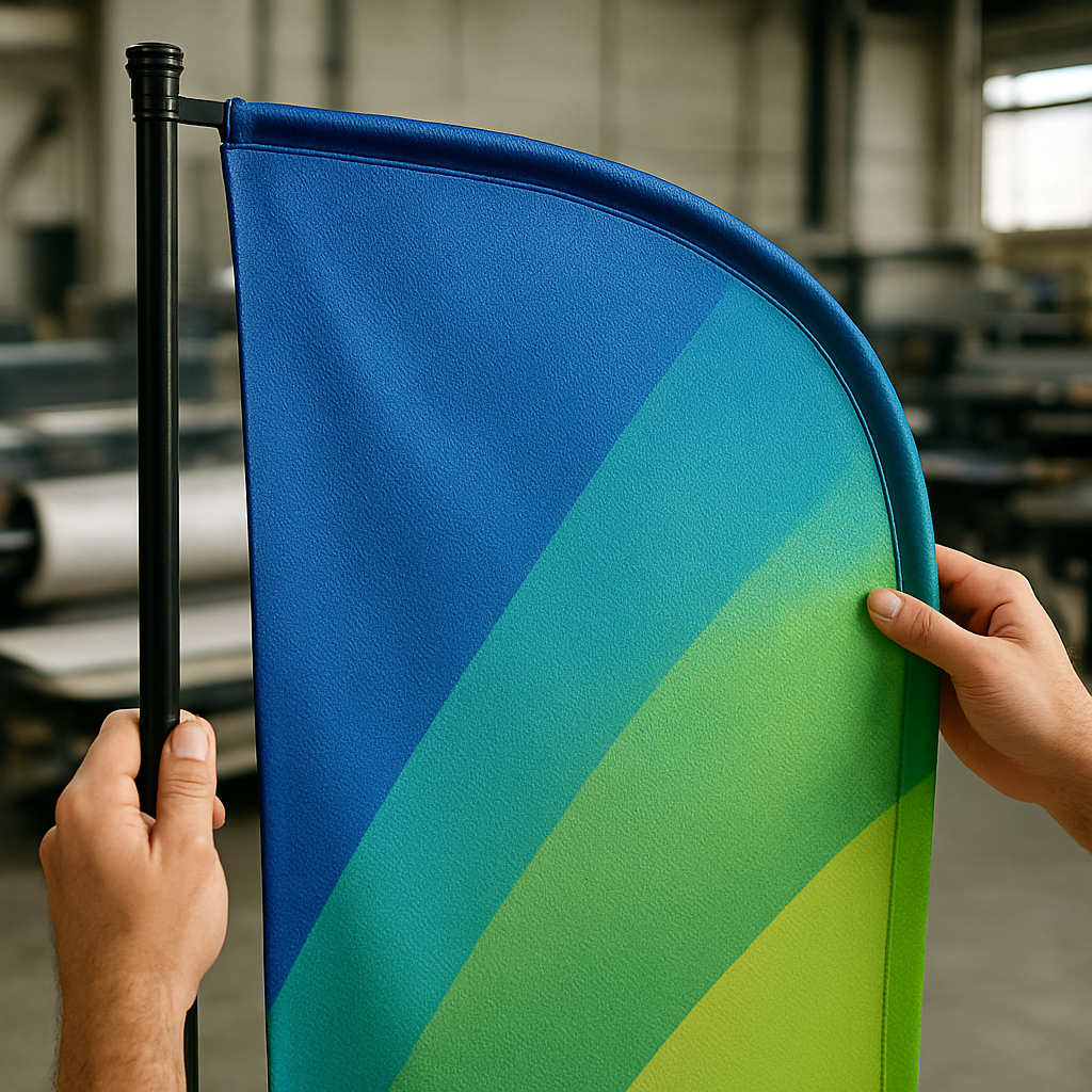 Detalhe de windbanner com acabamento e impressão de qualidade em gráfica