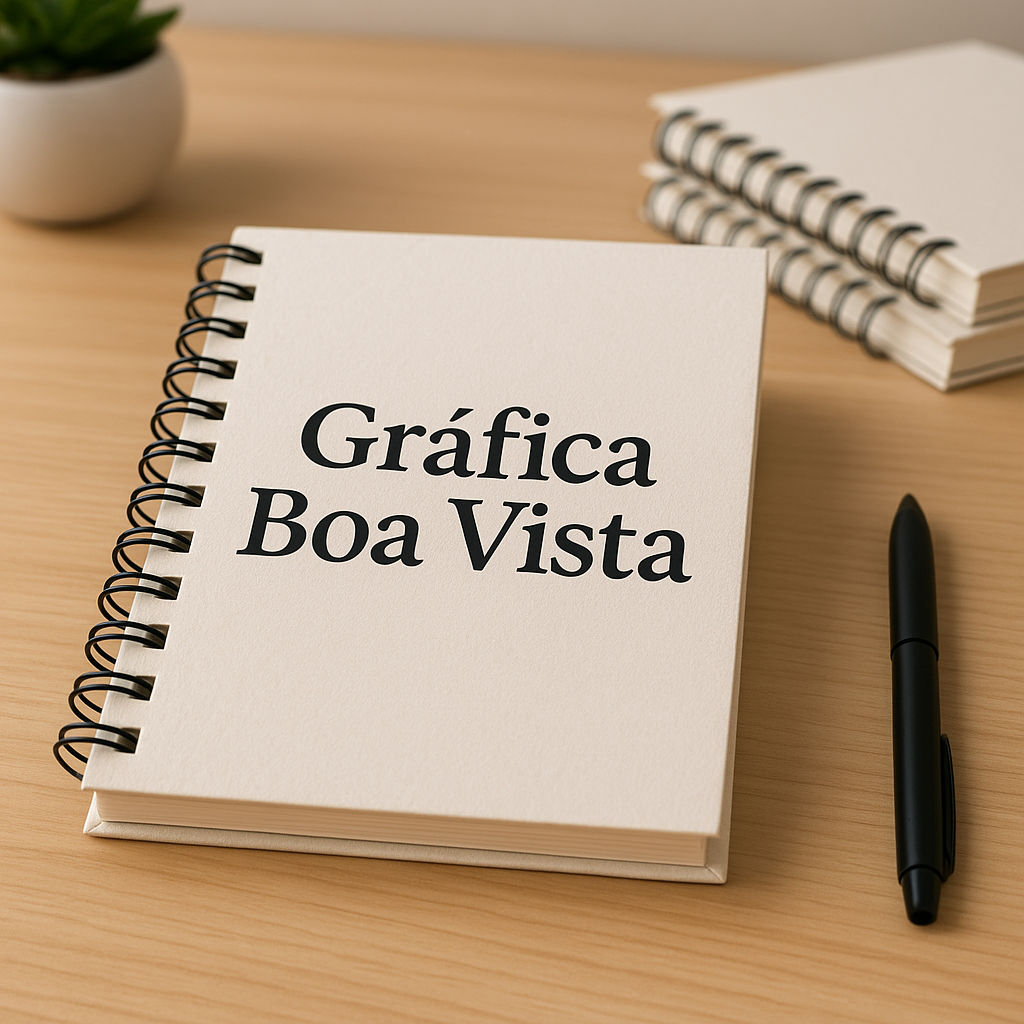 Agenda personalizada em Curitiba sobre uma mesa, em ambiente de gráfica profissional