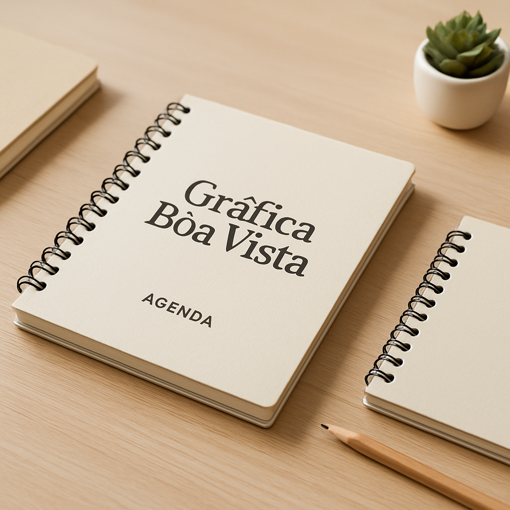 Agenda personalizada em Curitiba sobre uma mesa, em ambiente de gráfica profissional