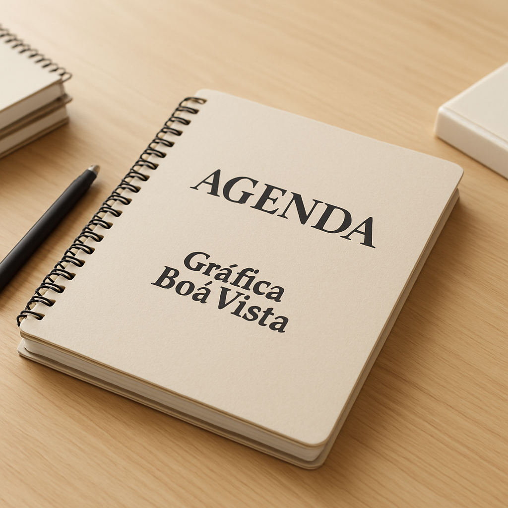 Agenda personalizada em Curitiba sobre uma mesa, em ambiente de gráfica profissional