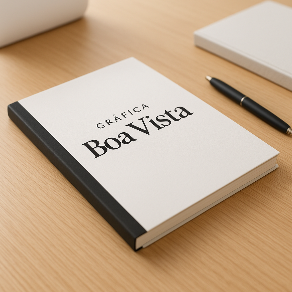 Caderno brochura personalizado sobre a mesa de recepção de uma clínica, em ambiente profissional e organizado