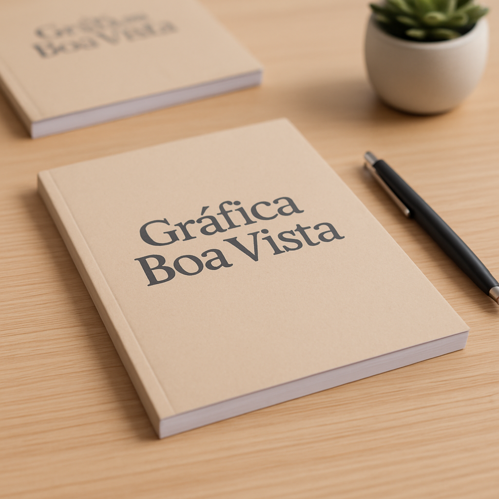 Caderno brochura personalizado sobre a mesa de recepção de uma clínica, em ambiente profissional e organizado