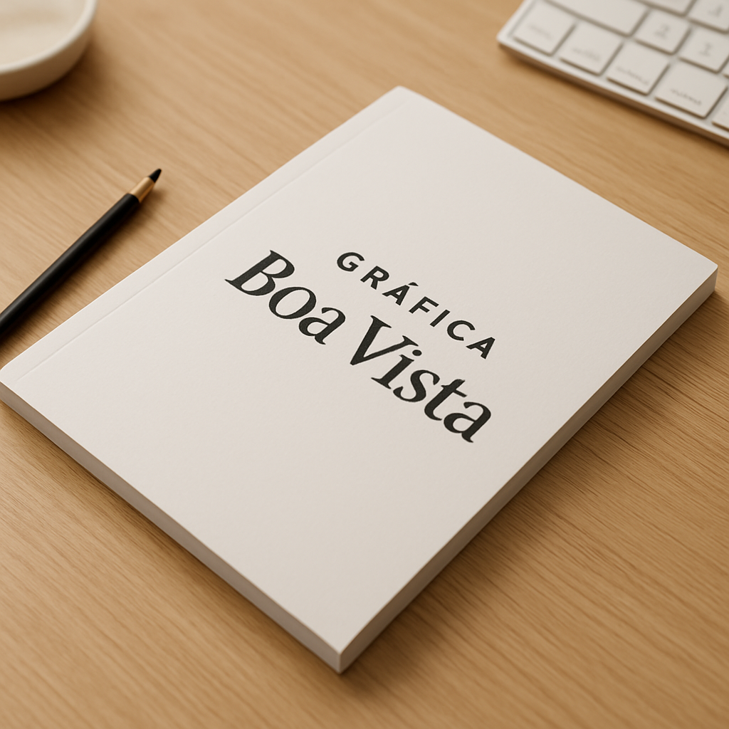 Caderno brochura personalizado sobre a mesa de recepção de uma clínica, em ambiente profissional e organizado