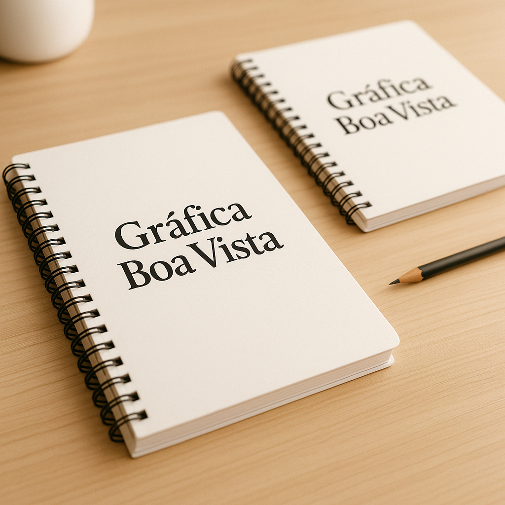 Foto de cadernos brochura personalizados em uma gráfica de Curitiba, com acabamento profissional e ambiente de produção
