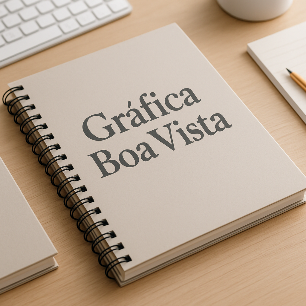 Foto de cadernos brochura personalizados em uma gráfica de Curitiba, com acabamento profissional e ambiente de produção