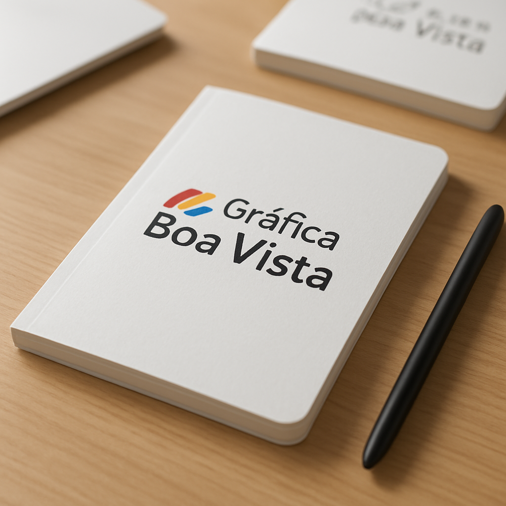 Foto de cadernos brochura personalizados em uma gráfica de Curitiba, com acabamento profissional e ambiente de produção