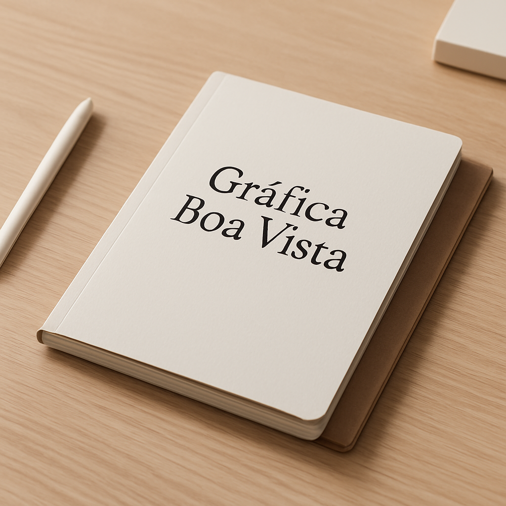 Caderno Brochura personalizado sobre mesa de clínica, em ambiente profissional e organizado