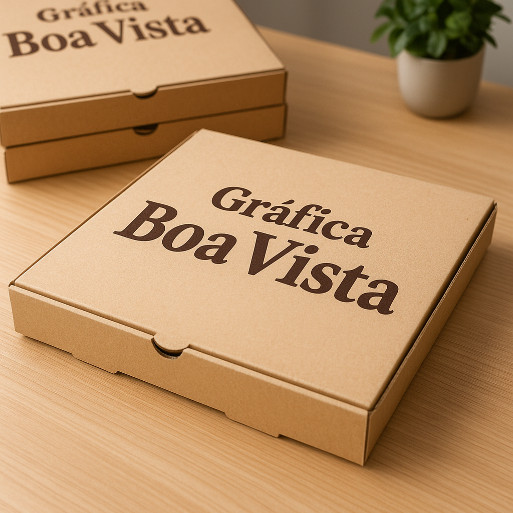 Caixas de pizza personalizadas empilhadas em uma gráfica, com visual profissional e acabamento de qualidade