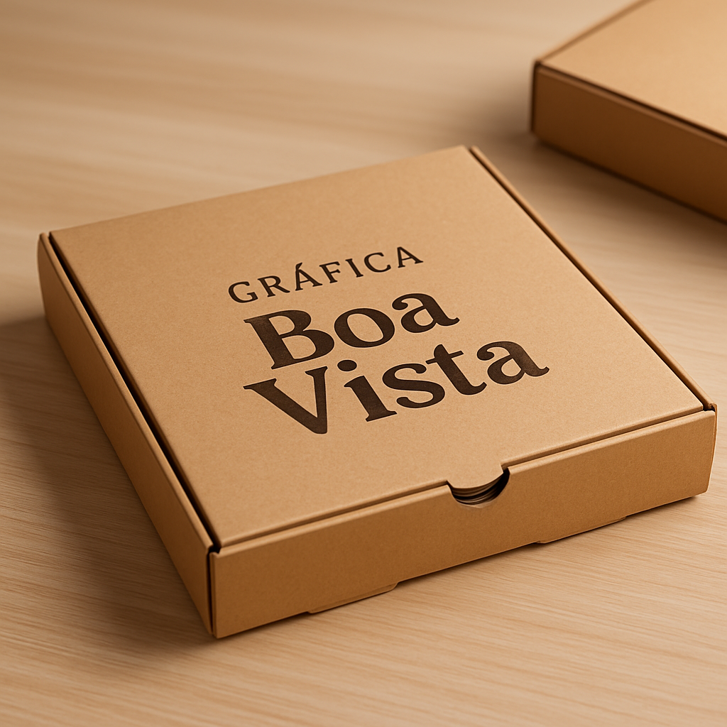 Caixas de pizza personalizadas empilhadas em uma gráfica, com visual profissional e acabamento de qualidade